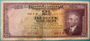 TURKEY 2 1/2 LIRA NOTE FROM 1947, P 140 , INONU - Picture 1 of 2