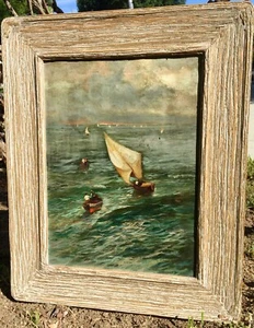 Loveri (artist) Old Oil Painting Sail Boats In Rough Sea 21"x17" L.A,Cal p/u del - Picture 1 of 3