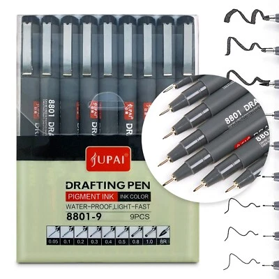 LETO 9 schwarze Fineliner Stifte Feinlinienstift Feinfutter Zeichnung schwarz Pigment Tinte Set