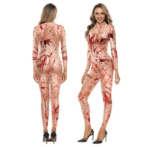 Halloween Horror Bleeding Jumpsuit Women Cosplay Creepy Bodysuit Costumes Zentai - Picture 1 of 11