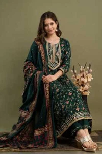 Indisches Reyon Gold bedruckt langer Kurti mit Spitze Gotta Arbeitsfarbe mit Dupatta - Bild 1 von 5
