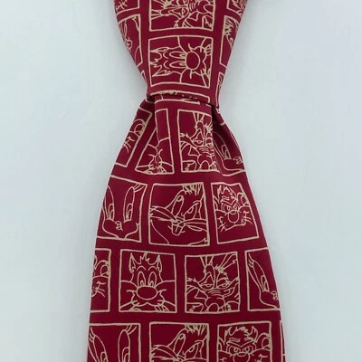 WARNER BROS Vintage Looney Tunes Silk Tie Mens Red Bugs Sylvester Korea 3.75"x56 - Image 1 of 4