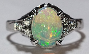Solid platinum natural opal diamond ring 4.0 grams - sz 4 pt900