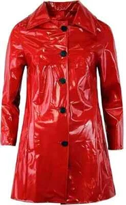 Women's Red PVC VINYL SLICKER Coat Outdoor Wet look Trench Waterproof Coat USA - Picture 1 of 3