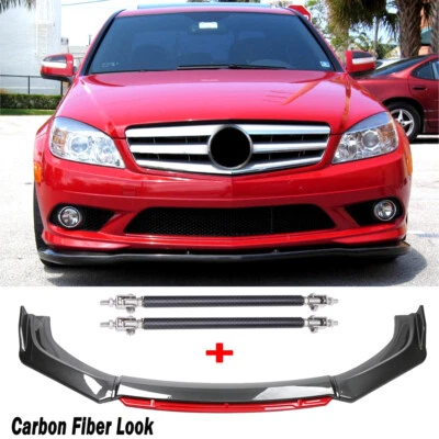 适用于梅赛德斯奔驰 S550 C300 CLA250 碳纤维红色前唇分离器+支柱杆 — 第 1/4 张图片