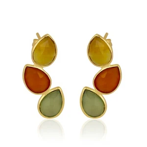 Beautiful Multi Color Chalcedony Stud Earring Gold Plated Women Fashion Earrings - Picture 1 of 7