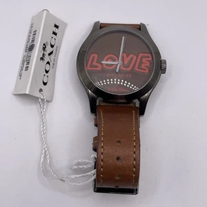 New NWT Coach Keith Haring Red Love Watch Brown Calfskin Leather Band Silver - Picture 1 of 11