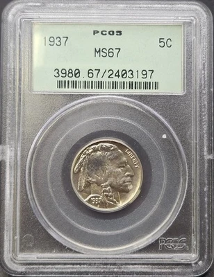1937 5C Buffalo Nickel, PCGS MS67, Booming Luster! - Image 1 of 2