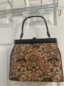 Vintage Tapestry Frame Handbag Purse – Floral Carpet Bag Top Handle Structured - Picture 1 of 3