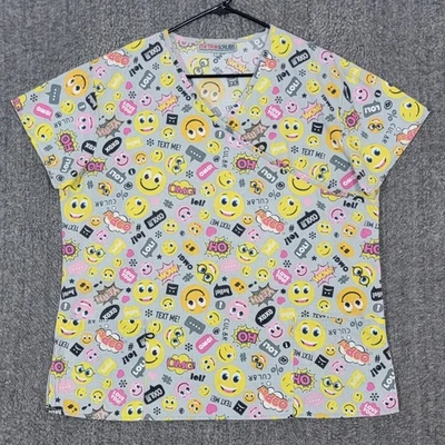Metro Scrubs Top Womens Large Gray Yellow Smiley Face Emojis LOL OMG XOXO - Image 1 of 4