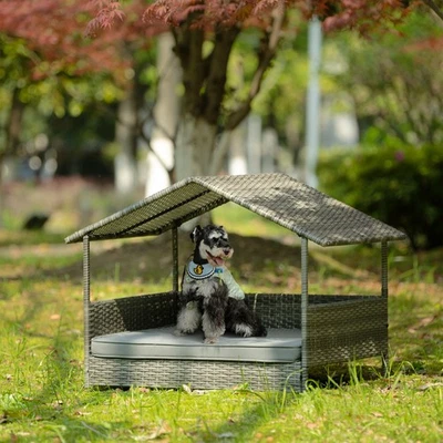 Cama de mimbre PE para perros con dosel – Muebles de patio para mascotas al aire libre – Recinto resistente a la intemperie Foto 1 de 4