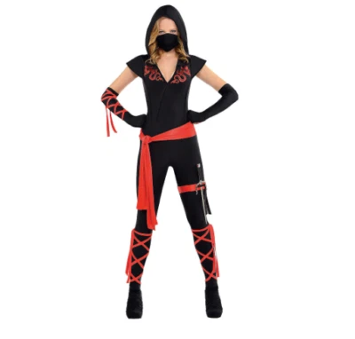 WOMENS SEXY DRAGON FIGHTER NINJA WARRIOR ASSASSIN BODYSUIT COSTUME BLACK RED L - Image 1 of 3
