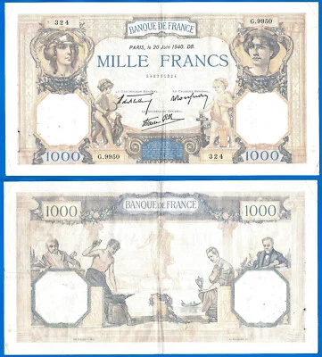 France 1000 Francs 1940 Ceres & Mercure Serie G Europe King Size Free Ship Wrld - Image 1 of 3