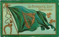 St Patrick's Day Greetings Green Flag Shamrock Irish Ireland c1909 Postcard E82