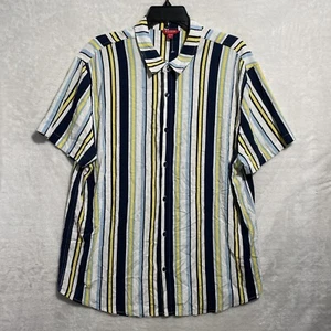 Guess Mens Button Shirt Blue Yellow White Stripe XL Rayon Short Sleeve Collar  - Picture 1 of 7