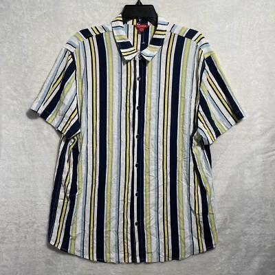 Guess Mens Button Shirt Blue Yellow White Stripe XL Rayon Short Sleeve Collar  - Image 1 of 4