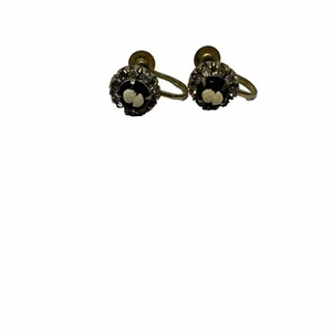 Vintage Rhinestone Cameo Earrings Black Clear Goldtone Screw Back 1/2" - Picture 1 of 3