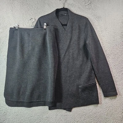 Cárdigan Eileen Fisher 2 piezas mediano de lana frente abierto ribete de cuero y falda gris-defecto Foto 1 de 4