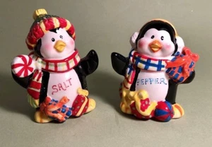 Brilliant Hand-Painted Warmly Dressed Ceramic Christmas Penguin Shakers - Picture 1 of 5