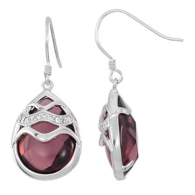 925 Sterling Silver 1" Red Agate & CZ Earrings handcrafted in Bali Indonesia - Image 1 of 4