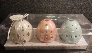 SET OF 3 PC PIERCED PINK,BLUE,WHITE CERAMIC EASTER EGGS TEALIGHT,CANDLE HOLDER - Picture 1 of 4