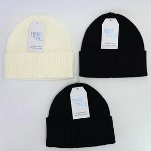 Set of 3 Time And Tru Beanie Hat Winter White, Black Rib Knit Cuffed Lot - Picture 1 of 6