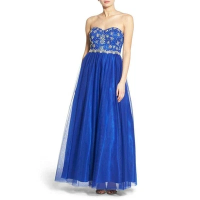 Nuevo con etiquetas Vestido Steppin Out Juniors Adornado Encaje Sin Tirantes Eléctrico Cobalto Talla 9 Foto 1 de 4