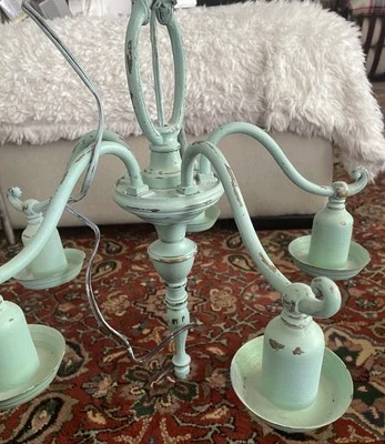 Metal TOLE Brass? CHANDELIER Light PATINA VINTAGE French Cottagecore Shabby Chic - Image 1 of 4