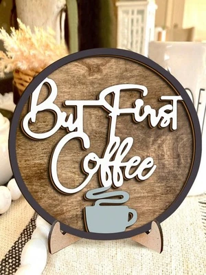 Rustic 3D But First Coffee Wooden Sign Round Kitchen Wall Art Home Decor - Image 1 of 4