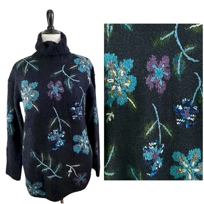 CURIO Handknit Anthropologie Chunky SWEATER M Floral Embroidered Turtleneck Wool - Image 1 of 4