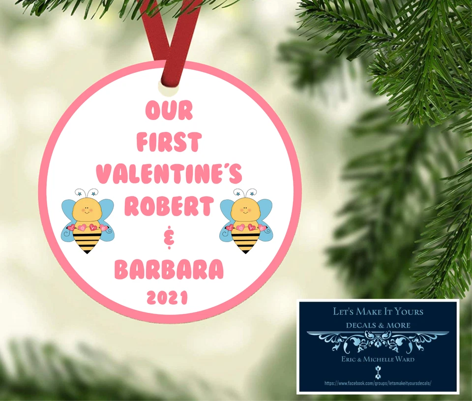 OUR FIRST VALENTINE'S PERSONALIZED W/ NAMES METAL ORNAMENT GIFT TAG LOVE BEE - Image 1 of 1
