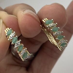 Sterling Silver/Vermeil 925 Genuine Emerald & Diamond Pierced Hoop Earrings