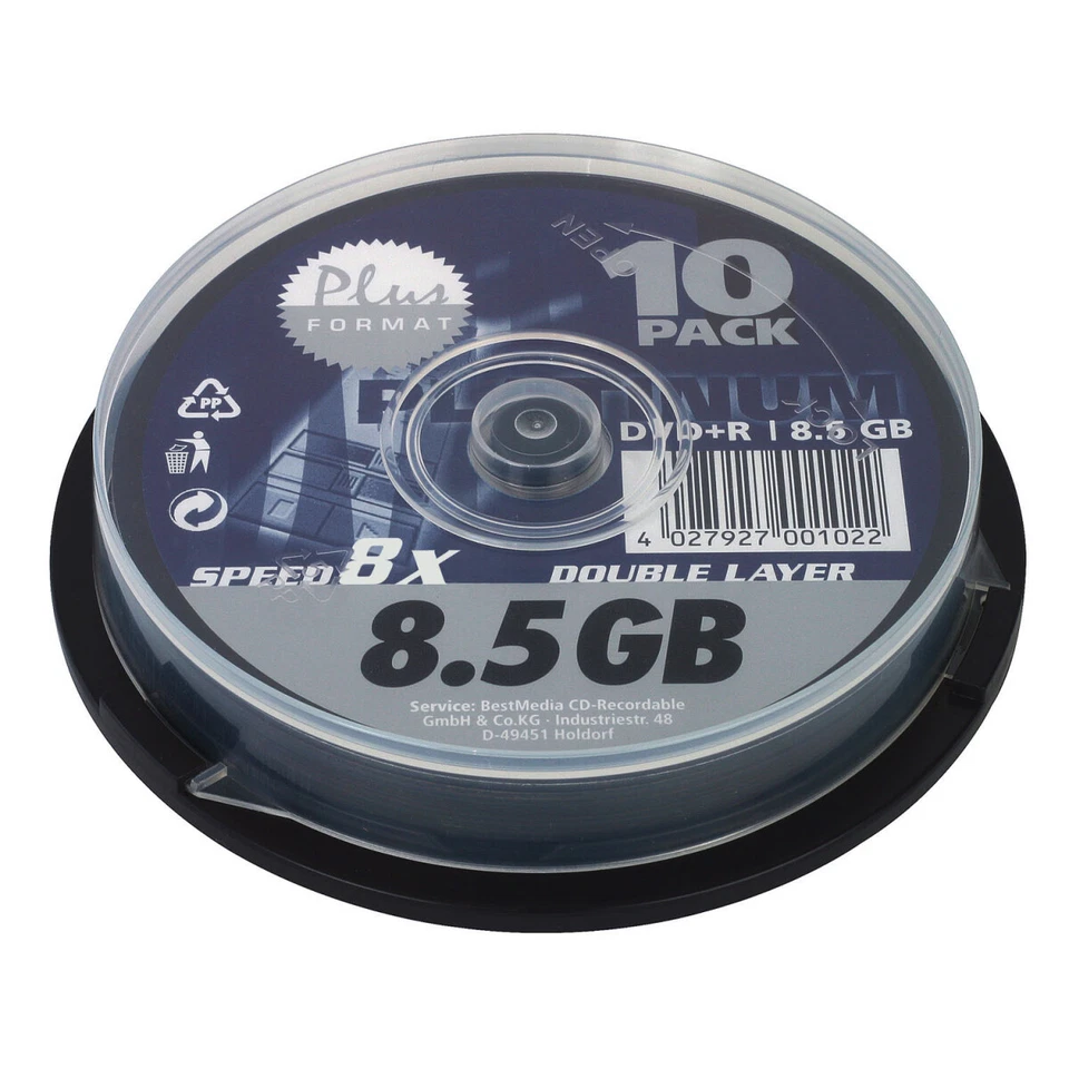 10er Spindel PLATINUM DVD+R 8,5 GB Double Layer Rohlinge max. 8xSchreibgeschwin. - Bild 1 von 1