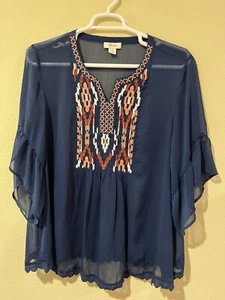 TUNICA TOP COPRICOSTUME STYLE & CO MANICA 3/4 TRASPARENTE BLU NAVY SOUTHWESTERN BOHO XL A7 - Foto 1 di 6