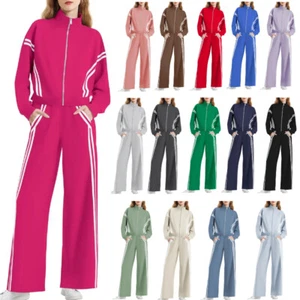 Women's 2 Piece Lounge Outfits Zip Up Sweat Set Contrast Striped Wide Leg Pants - Picture 1 of 91