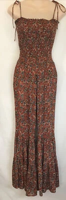 Blue Life Jumpsuit Spaghetti Straps Rust Floral Print Flare Bell Bottom Leg XS - Image 1 of 4