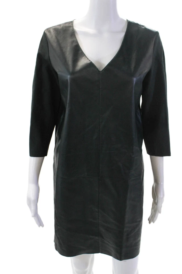 Liviana Conti Womens Leather V Neck Long Sleeves Dress Green Size EUR 42 - Image 1 of 4