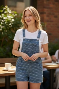 AMERICAN EAGLE Shortalls Womens S/P Stretch Playful Polka Dot Pinup Gray Cutoffs - Picture 1 of 14