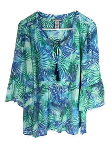 Catherines Top Größe 1 X blau grün Blumenmuster halbtransparent Tropical Resort Vacay Bluse - Bild 1 von 5
