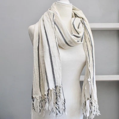 Vince Cream Gray Striped Cotton Gauze Stripe Rectangle Finge Scarf NWT - Image 1 of 4