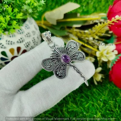 Amethyst 925 Sterling Silver Plated Butterfly Pendant Handmade Designer Jewelry - Image 1 of 4