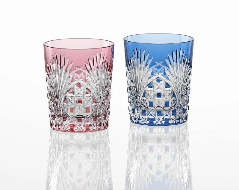 2 Kagami Crystal Edo Kiriko Pair Rock Whiskey Glass Sake Cup Red/blue Japan