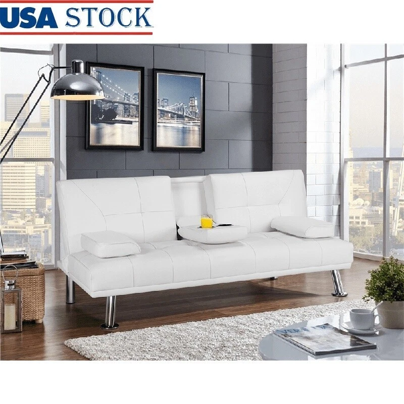 Luxury Faux Leather Futon Sofa Bed W/ Cup Holders & Pillows Convertible White - Image 1 of 4