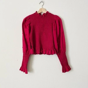 Farm Rio MEDIUM 3D heart smocked burgundy red balloon sleeve blouse - Picture 1 of 8