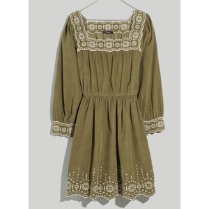 Madewell Mini Abito in Velluto a coste Ricamato Scollo Quadrato Manica Media Lunga Verde - Foto 1 di 10