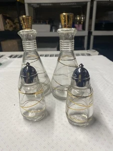 Vintage MCM Hazel Atlas Oil,Vinegar,Salt&Pepper Set. Gold Lines - Picture 1 of 23