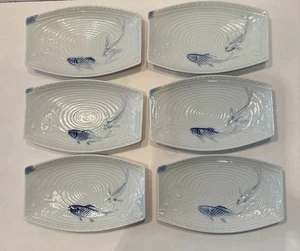 "Juego de 6 aperitivos/platos laterales de porcelana de pez koi asiático vintage en relieve 6,5"" L" - Imagen 1 de 5