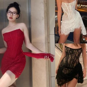 Mesh Lace Dress See Through Outfits Women Party Evening Clubwear Sexy Mini Dress - Picture 1 of 31