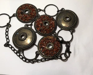 Vintage Bronze Tone Chain Belt Red Stone Medallions Antiqued Metal Max 39” - Picture 1 of 10
