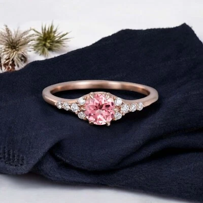14k Rose Gold 5 mm Round Cut Lab Created Pink Sapphire Women Promise Gift Ring - Image 1 of 4